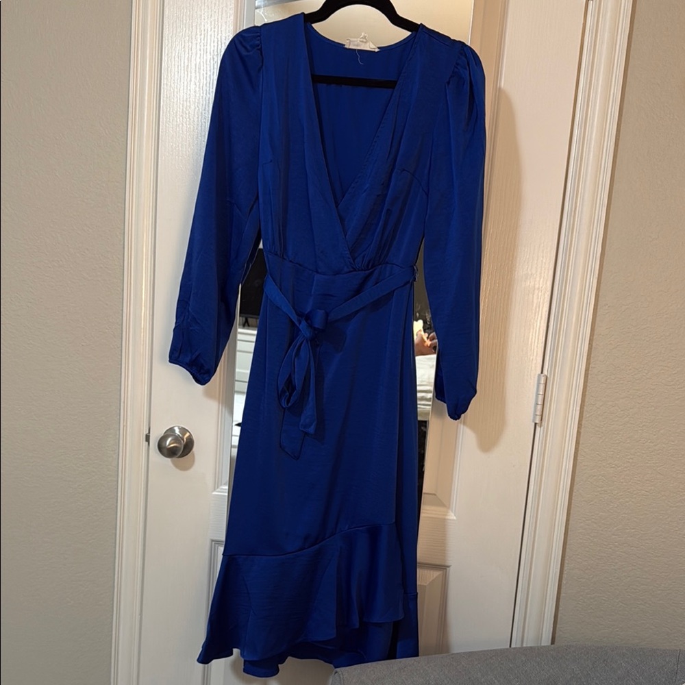 Lucky Brand Blue Ruffled Wrap Dress with Bishop Sleeves